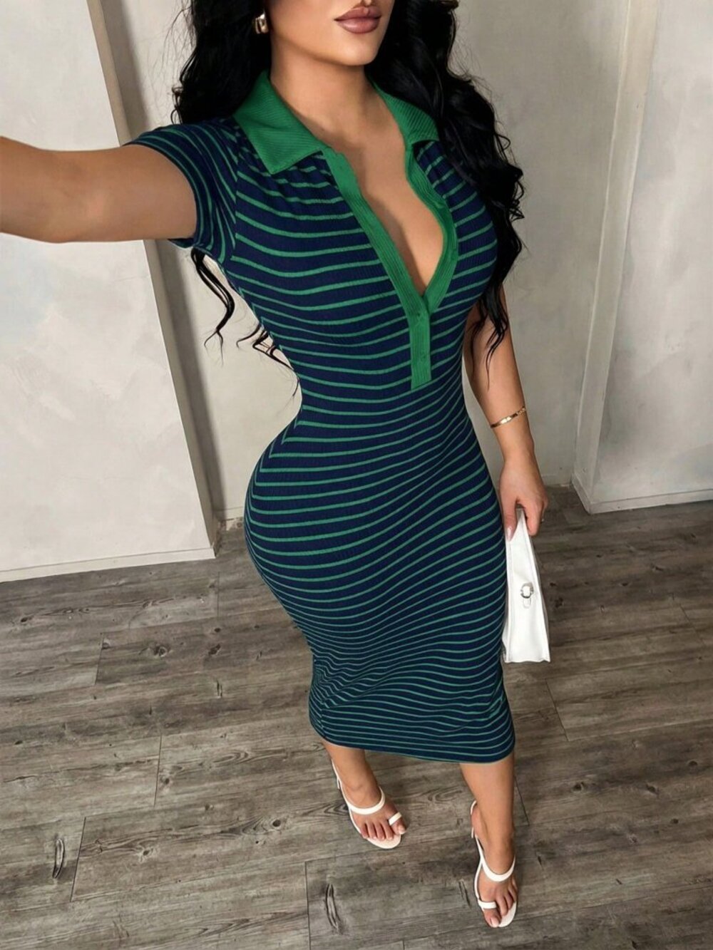 Green Casual Women's Minimalist Style Short Sleeve & Striped Polo midi Dress